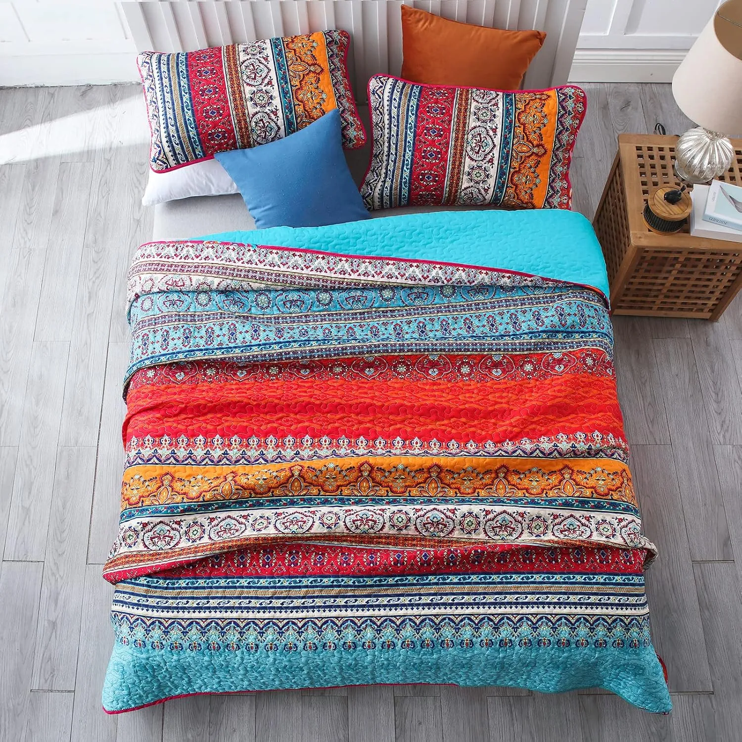 WONGS BEDDING Bohemian Quilt Set King Size, Boho Striped Printed Quilts Bedspread Set for All Seasons, Lightweight Microfiber Coverlet Bedding Set with 2 Pillowcases 104"x90" (3 Pieces, Colorful)