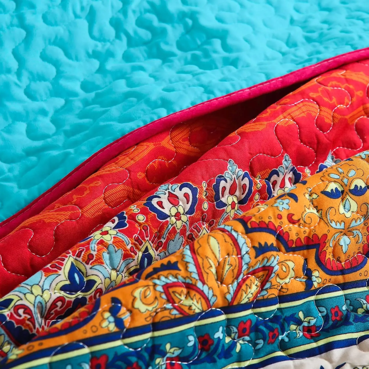 WONGS BEDDING Bohemian Quilt Set King Size, Boho Striped Printed Quilts Bedspread Set for All Seasons, Lightweight Microfiber Coverlet Bedding Set with 2 Pillowcases 104"x90" (3 Pieces, Colorful)