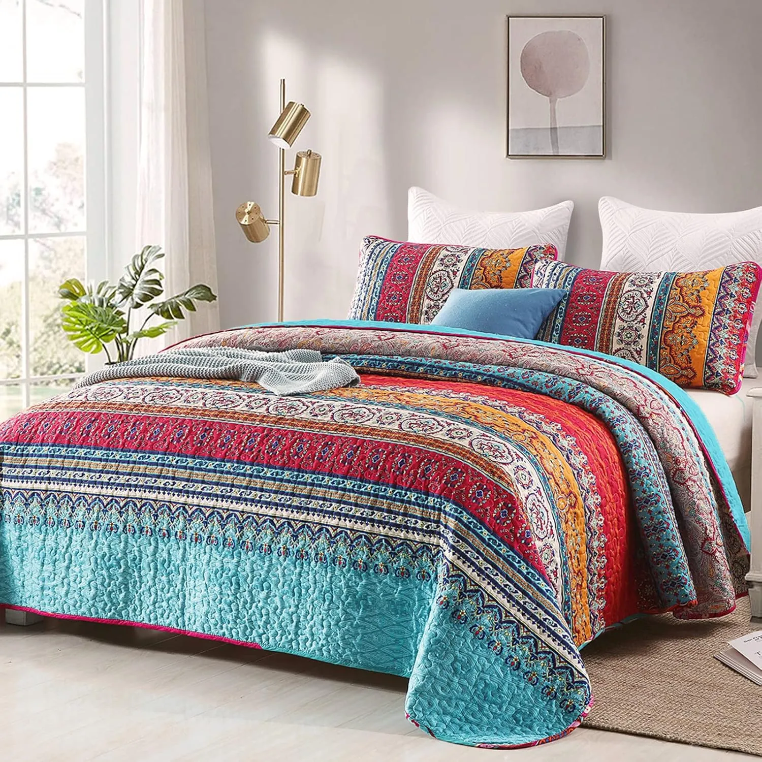 WONGS BEDDING Bohemian Quilt Set King Size, Boho Striped Printed Quilts Bedspread Set for All Seasons, Lightweight Microfiber Coverlet Bedding Set with 2 Pillowcases 104"x90" (3 Pieces, Colorful)