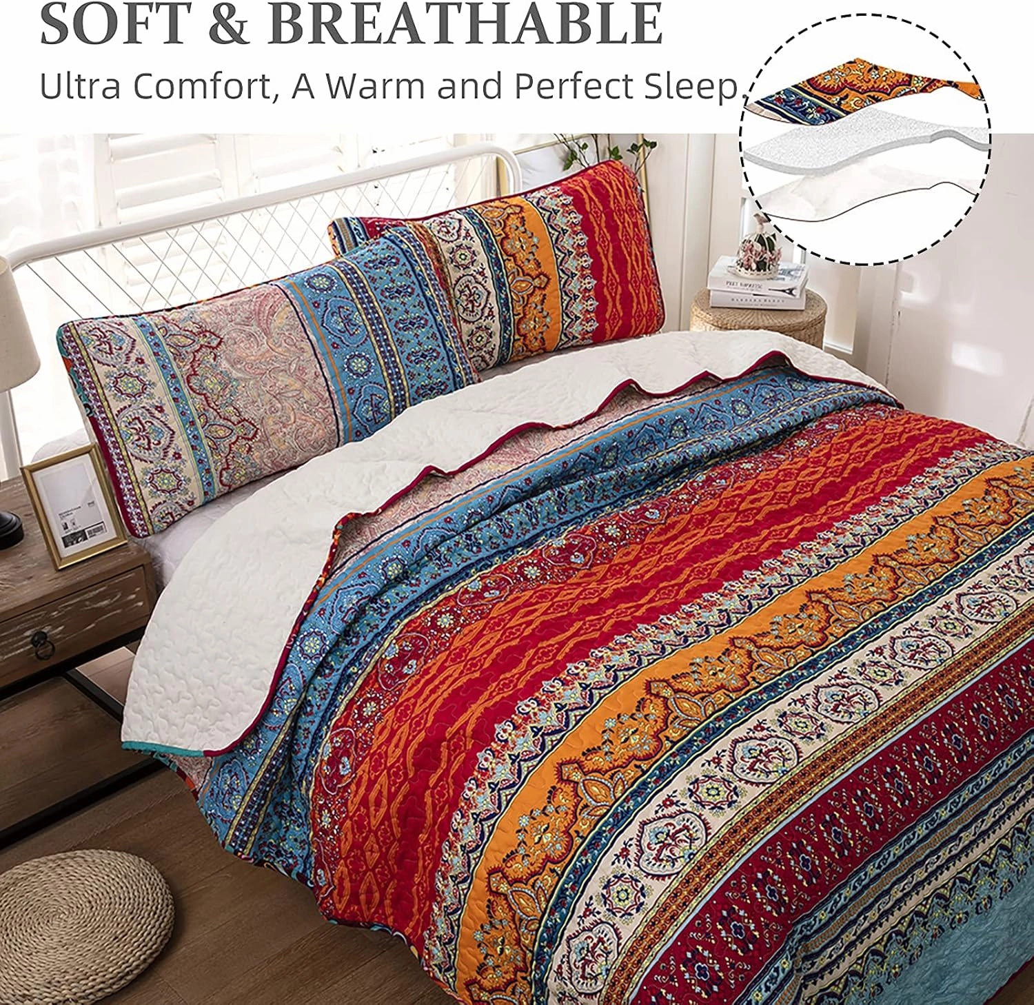 WONGS BEDDING Bohemian Quilt Set King Size, Boho Striped Printed Bedding Bedspread Coverlet Set for All Season, Lightweight Microfiber Quilts with 2 Pillowcases 104"x90" (3 Pieces, Colorful)