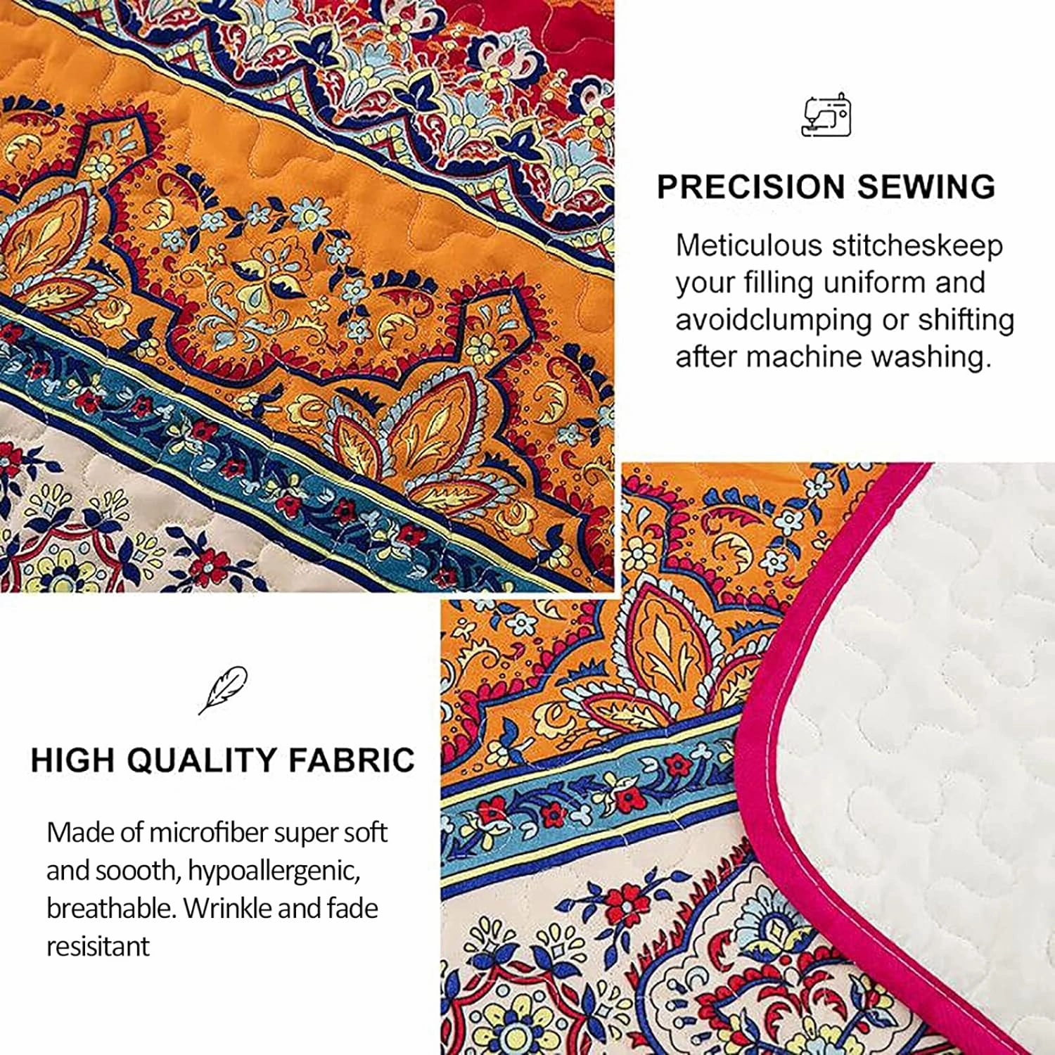 WONGS BEDDING Bohemian Quilt Set King Size, Boho Striped Printed Bedding Bedspread Coverlet Set for All Season, Lightweight Microfiber Quilts with 2 Pillowcases 104"x90" (3 Pieces, Colorful)