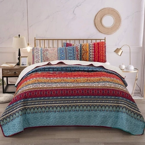 WONGS BEDDING Bohemian Quilt Set King Size, Boho Striped Printed Bedding Bedspread Coverlet Set for All Season, Lightweight Microfiber Quilts with 2 Pillowcases 104"x90" (3 Pieces, Colorful)