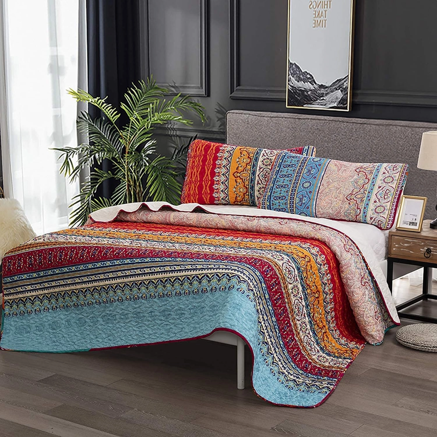 WONGS BEDDING Bohemian Quilt Set King Size, Boho Striped Printed Bedding Bedspread Coverlet Set for All Season, Lightweight Microfiber Quilts with 2 Pillowcases 104"x90" (3 Pieces, Colorful)