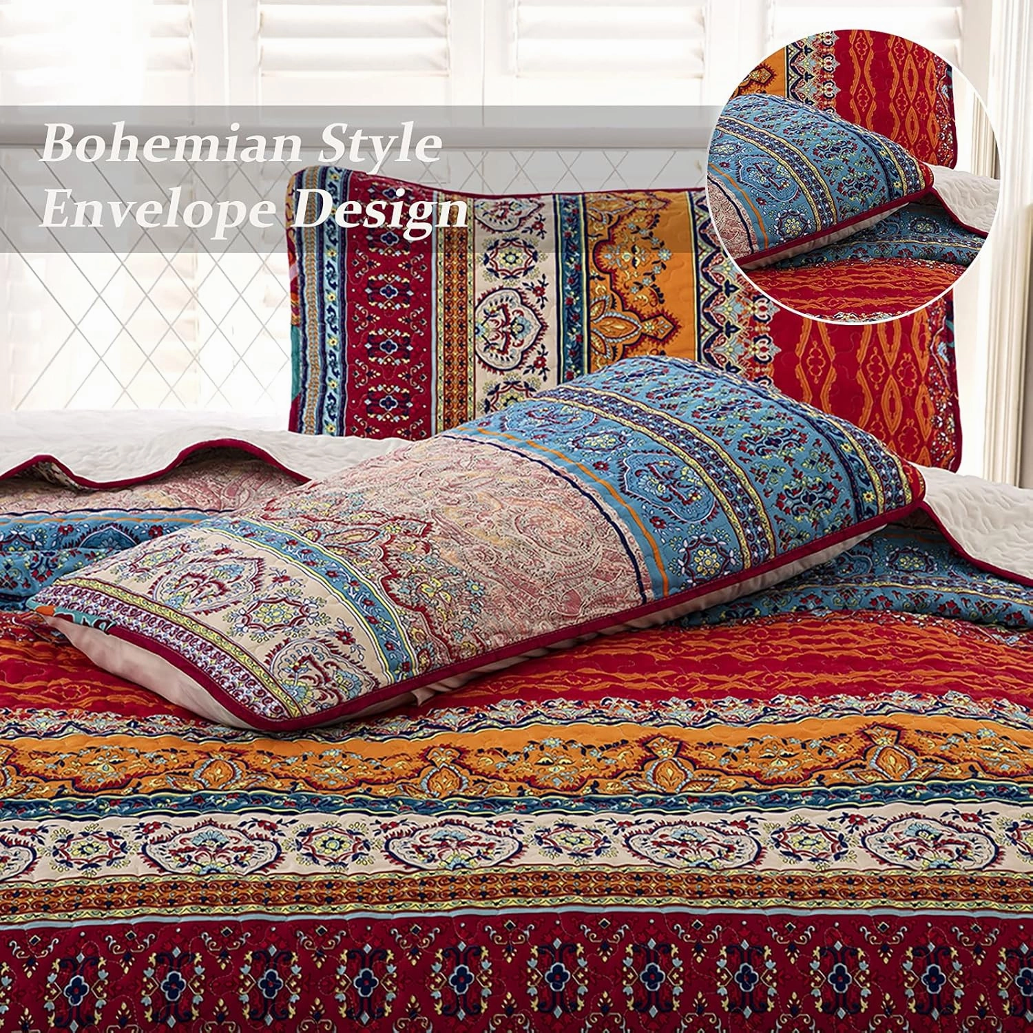 WONGS BEDDING Bohemian Quilt Set King Size, Boho Striped Printed Bedding Bedspread Coverlet Set for All Season, Lightweight Microfiber Quilts with 2 Pillowcases 104"x90" (3 Pieces, Colorful)