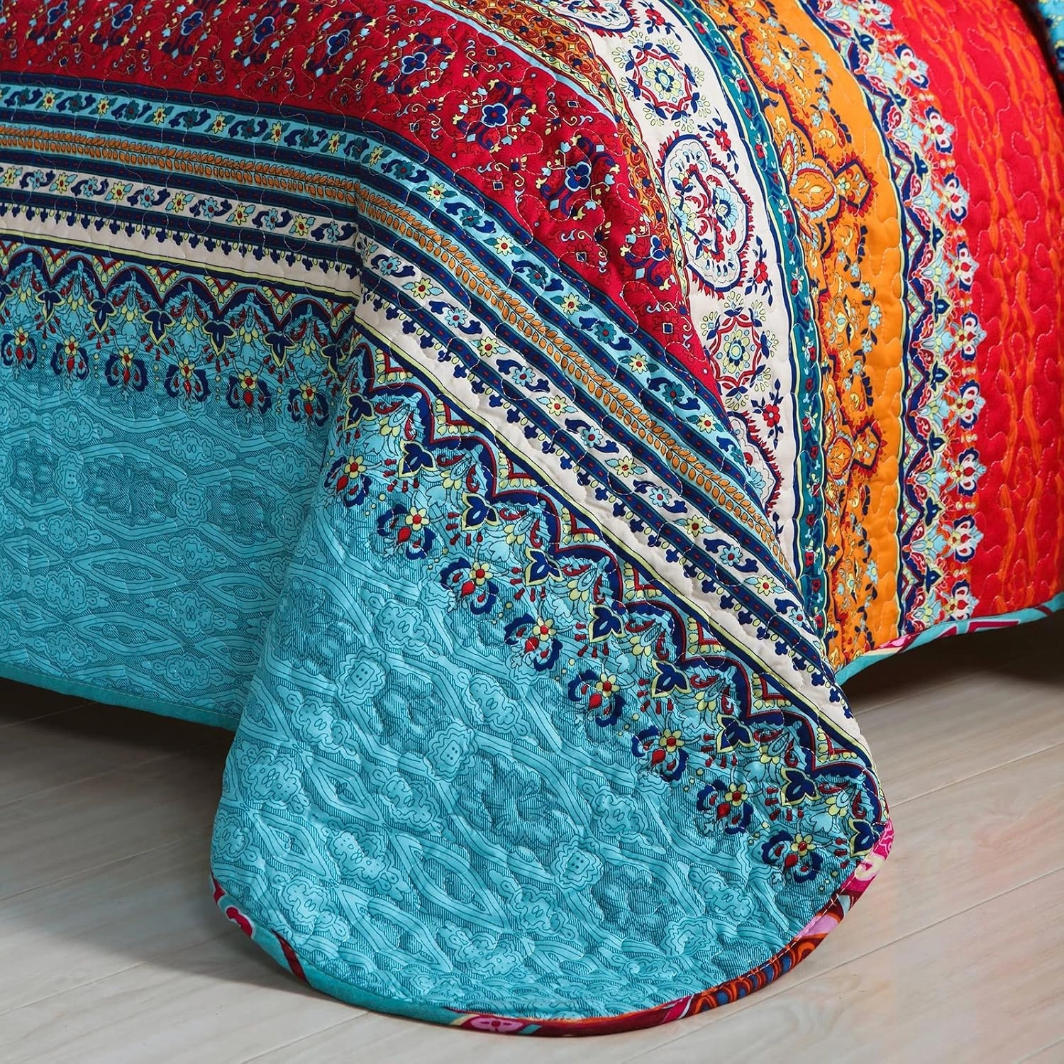 WONGS BEDDING Bohemian Quilt Set Queen Size, Boho Striped Pattern Quilts Bedspread Set for All Season, Soft Microfiber Bedding Coverlet Set 96"x90"(3 Pieces, Queen)