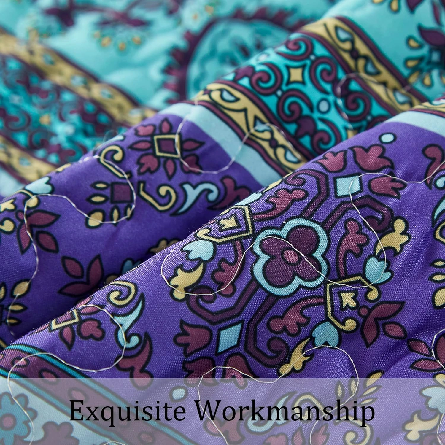 WONGS BEDDING Boho Queen Quilt Set, Blue Purple Bohemian Queen Quilt Bedding Set, Lightweight Microfiber Bed Decor Bedspread for All Season 96"x90"(3 Pieces)