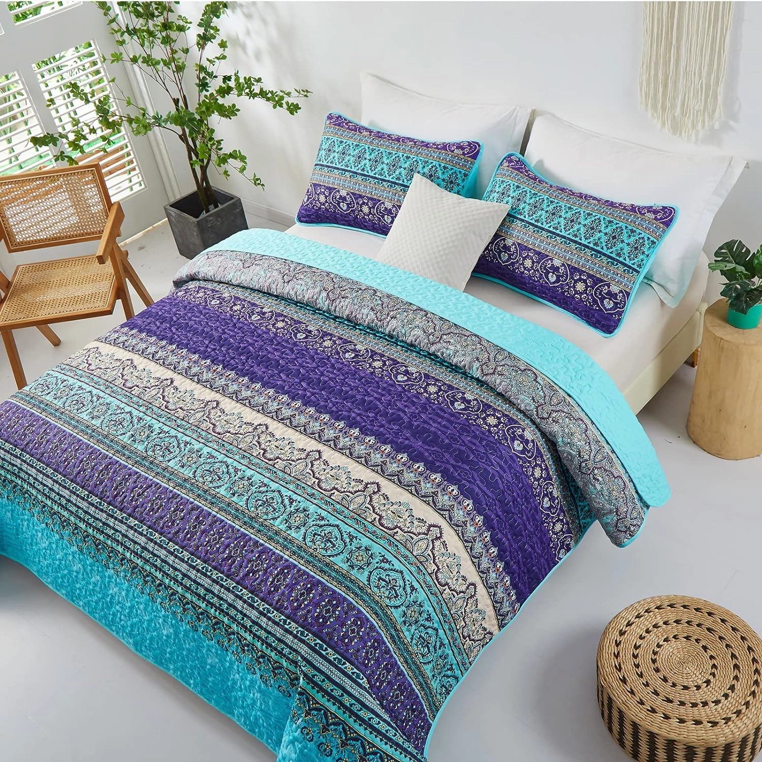 WONGS BEDDING Boho Queen Quilt Set, Blue Purple Bohemian Queen Quilt Bedding Set, Lightweight Microfiber Bed Decor Bedspread for All Season 96"x90"(3 Pieces)