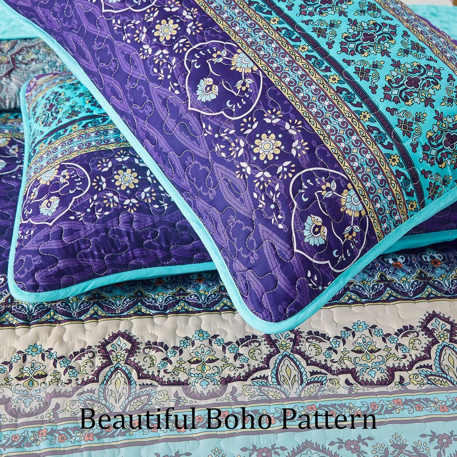 WONGS BEDDING Boho Queen Quilt Set, Blue Purple Bohemian Queen Quilt Bedding Set, Lightweight Microfiber Bed Decor Bedspread for All Season 96"x90"(3 Pieces)
