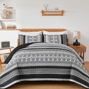 WONGS BEDDING Boho Quilt Set Queen Size, Grey Bohemian 3 Pieces Quilt Sets, Lightweight Bedspread Coverlet Bedding Set for All Season (96"x90")