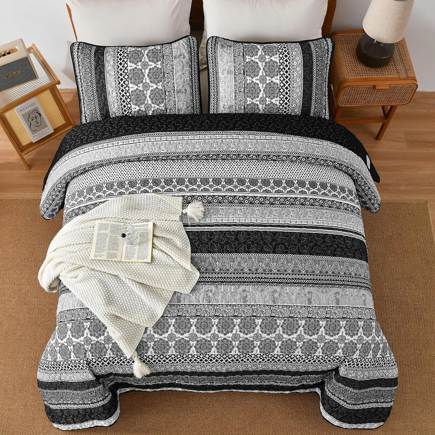 WONGS BEDDING Boho Quilt Set Queen Size, Grey Bohemian 3 Pieces Quilt Sets, Lightweight Bedspread Coverlet Bedding Set for All Season (96"x90")