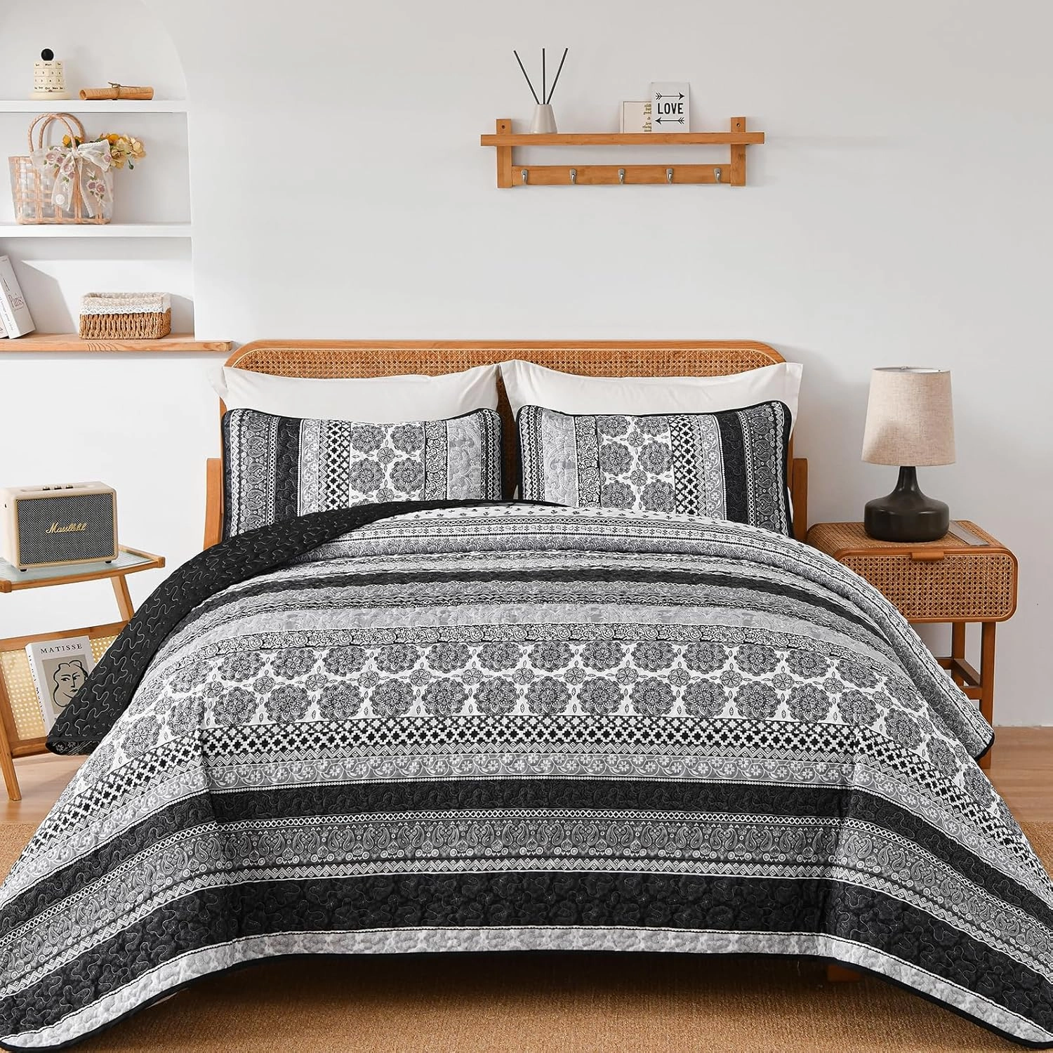 WONGS BEDDING Boho Quilt Set Queen Size, Grey Bohemian 3 Pieces Quilt Sets, Lightweight Bedspread Coverlet Bedding Set for All Season (96"x90")