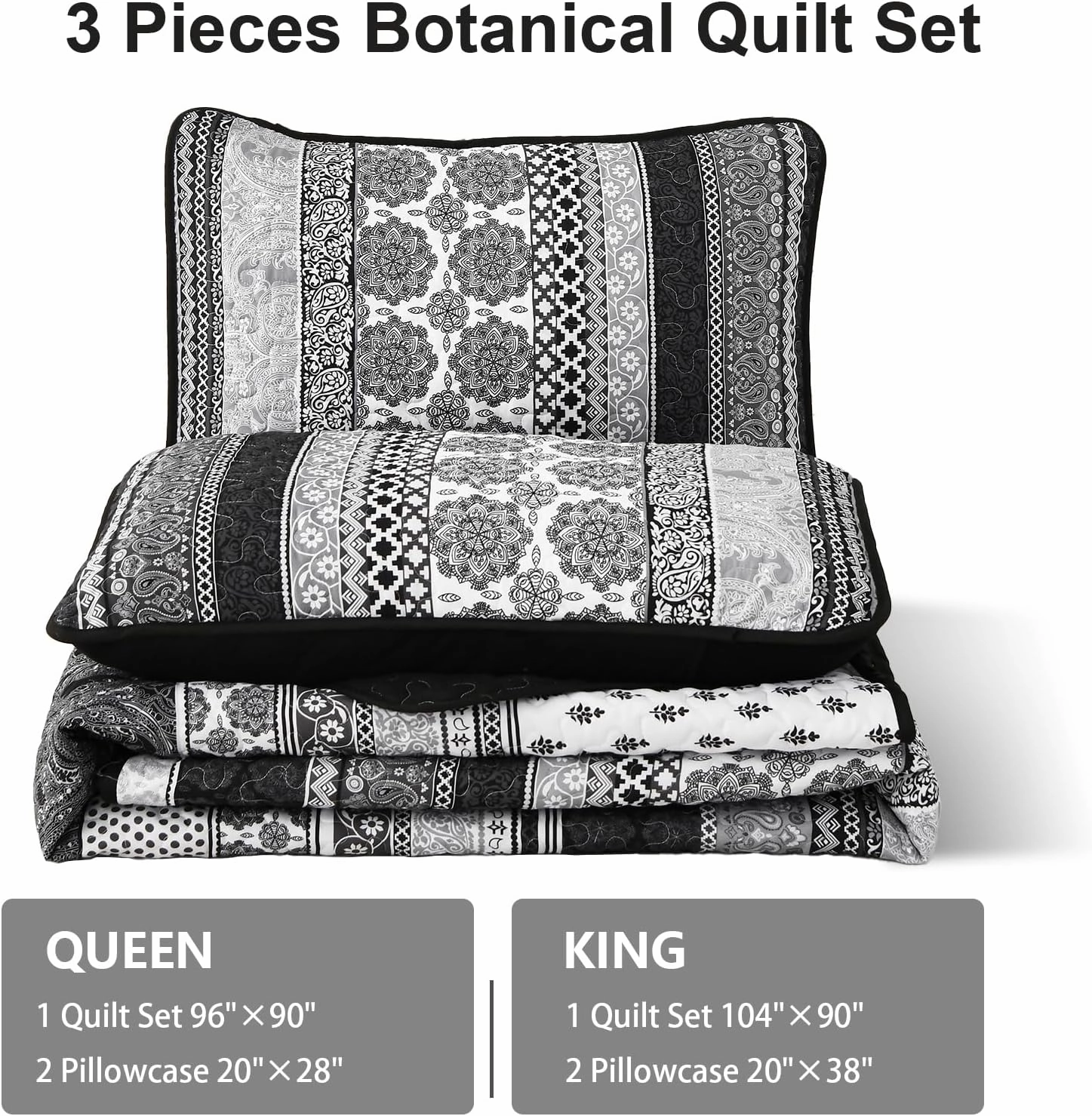 WONGS BEDDING Boho Quilt Set Queen Size, Grey Bohemian 3 Pieces Quilt Sets, Lightweight Bedspread Coverlet Bedding Set for All Season (96"x90")