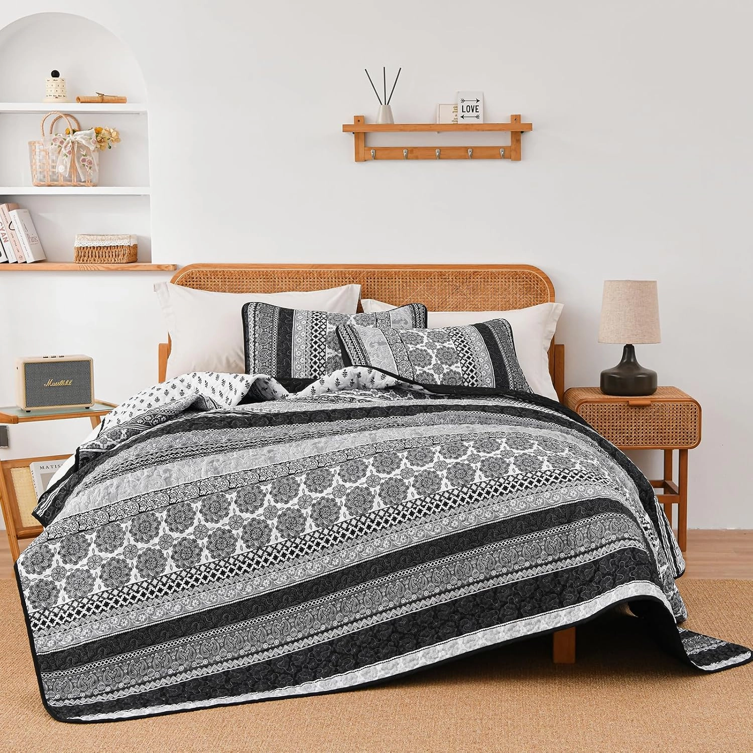 WONGS BEDDING Boho Quilt Set Queen Size, Grey Bohemian 3 Pieces Quilt Sets, Lightweight Bedspread Coverlet Bedding Set for All Season (96"x90")