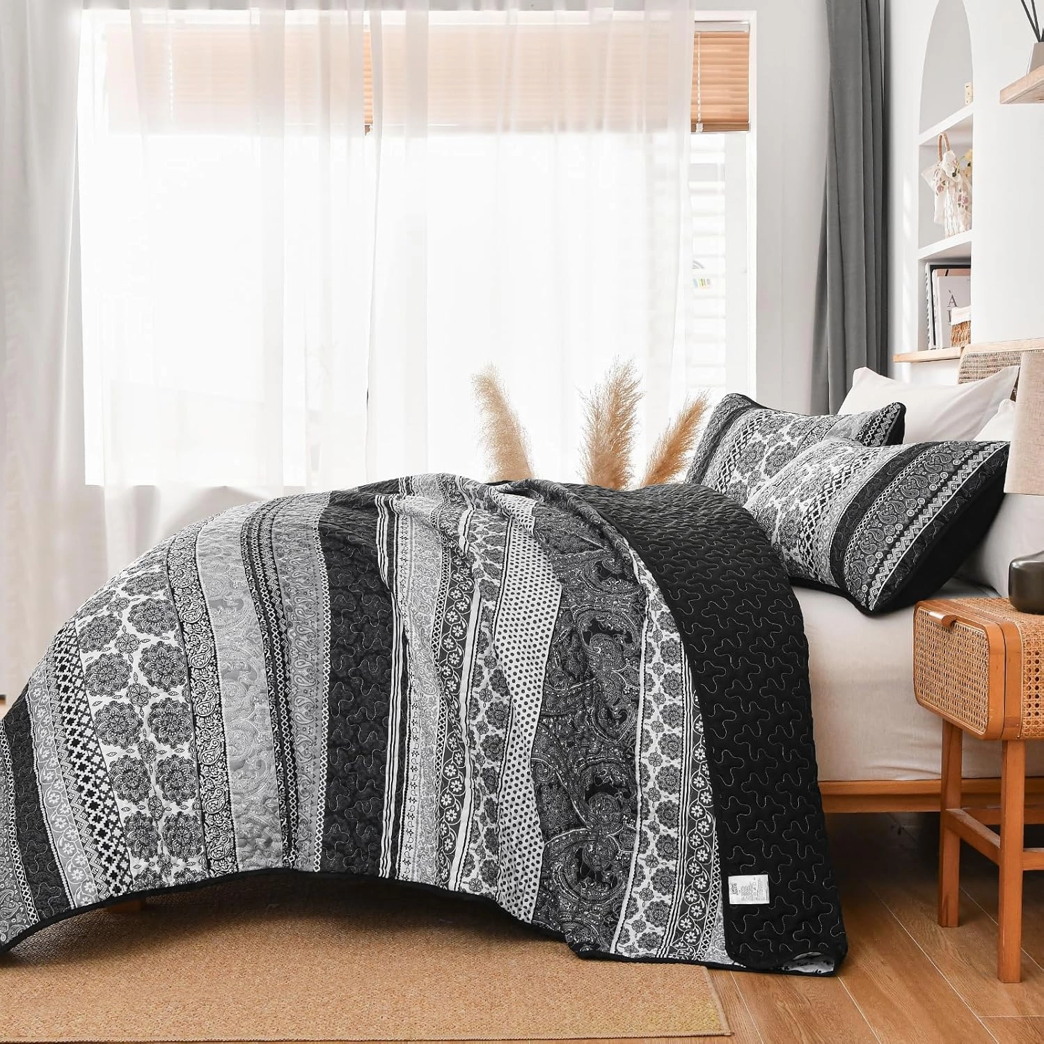 WONGS BEDDING Boho Quilt Set Queen Size, Grey Bohemian 3 Pieces Quilt Sets, Lightweight Bedspread Coverlet Bedding Set for All Season (96"x90")