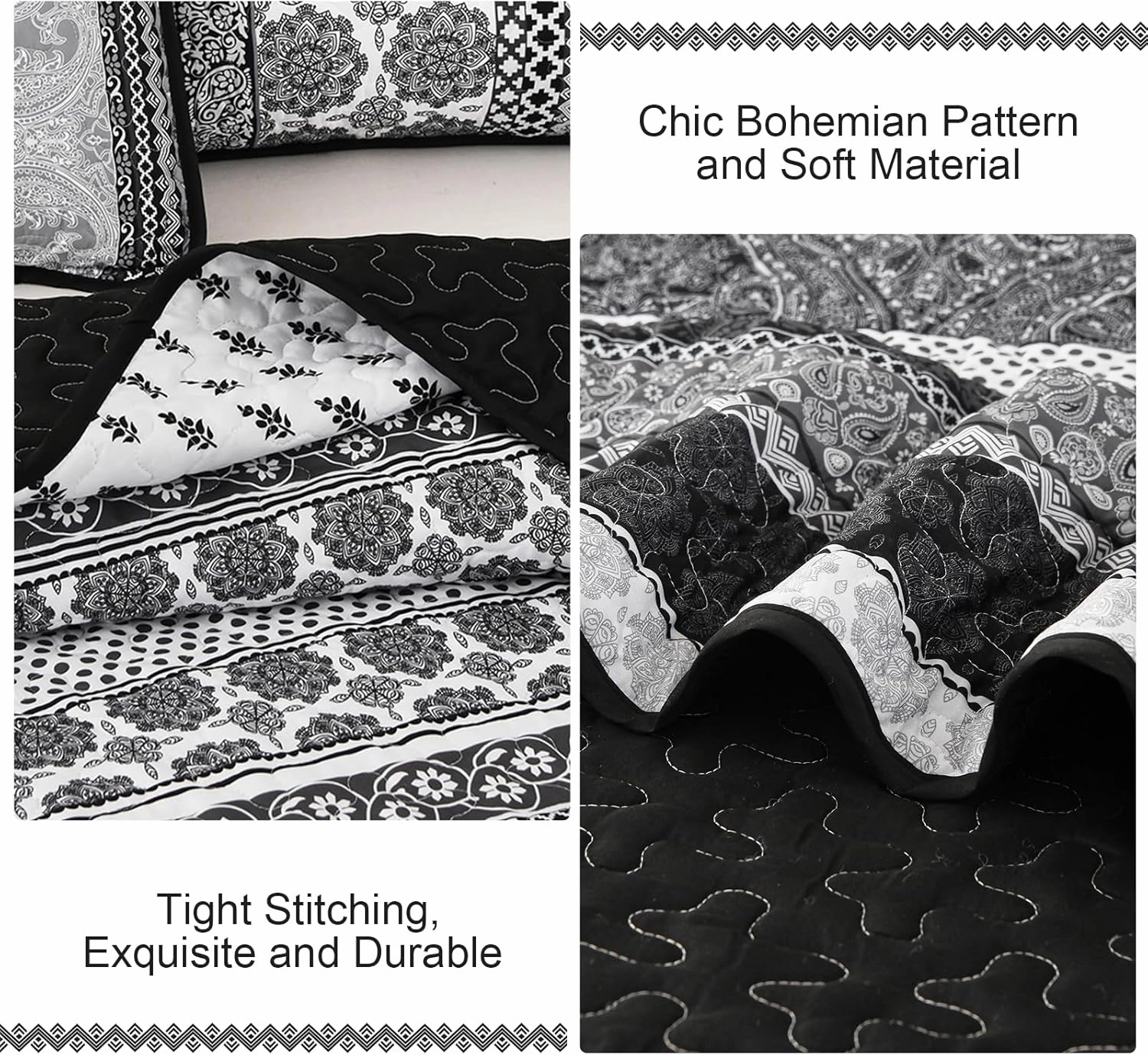 WONGS BEDDING Boho Quilt Set Queen Size, Grey Bohemian 3 Pieces Quilt Sets, Lightweight Bedspread Coverlet Bedding Set for All Season (96"x90")