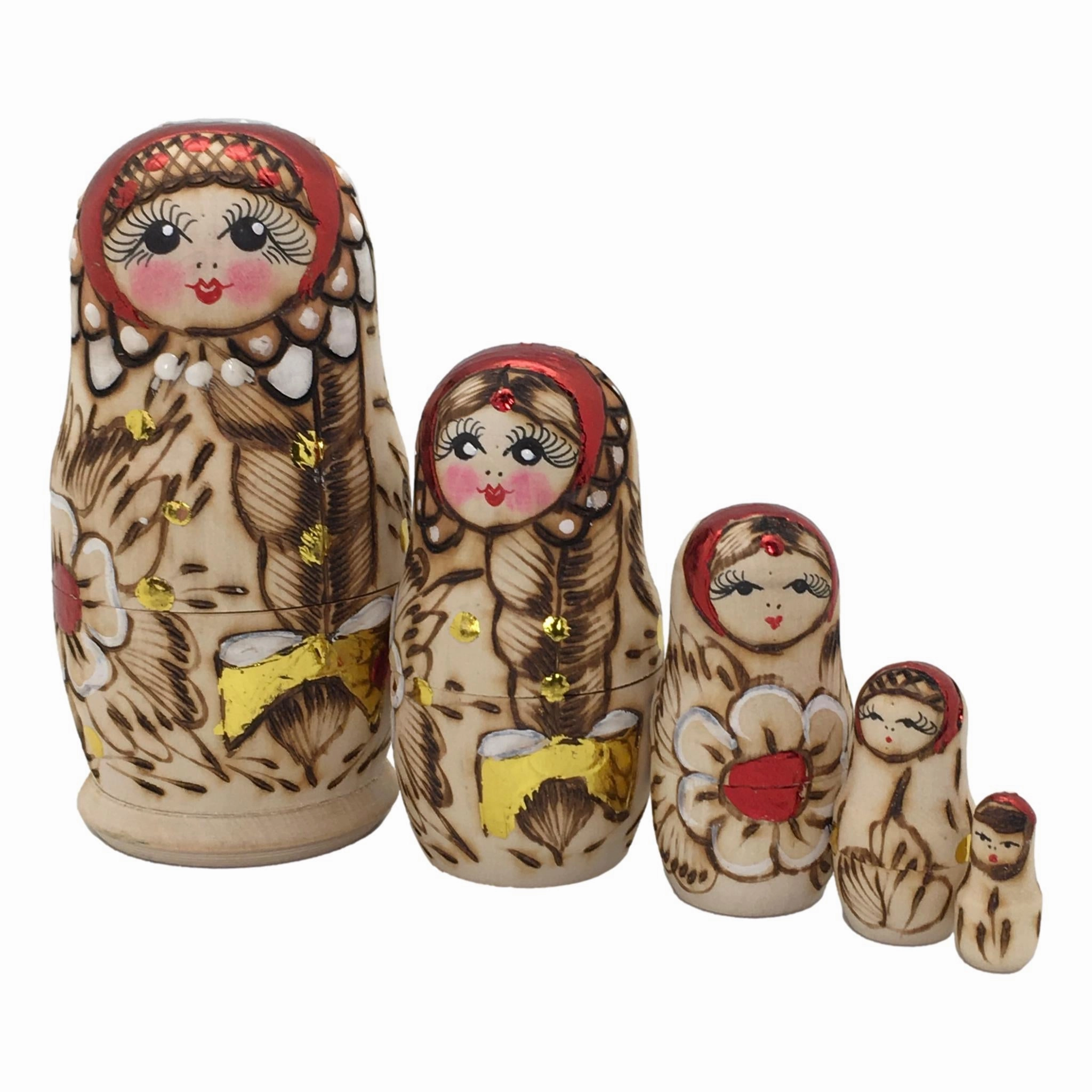 Woodburn Red Crown Nesting Dolls 4” Tall