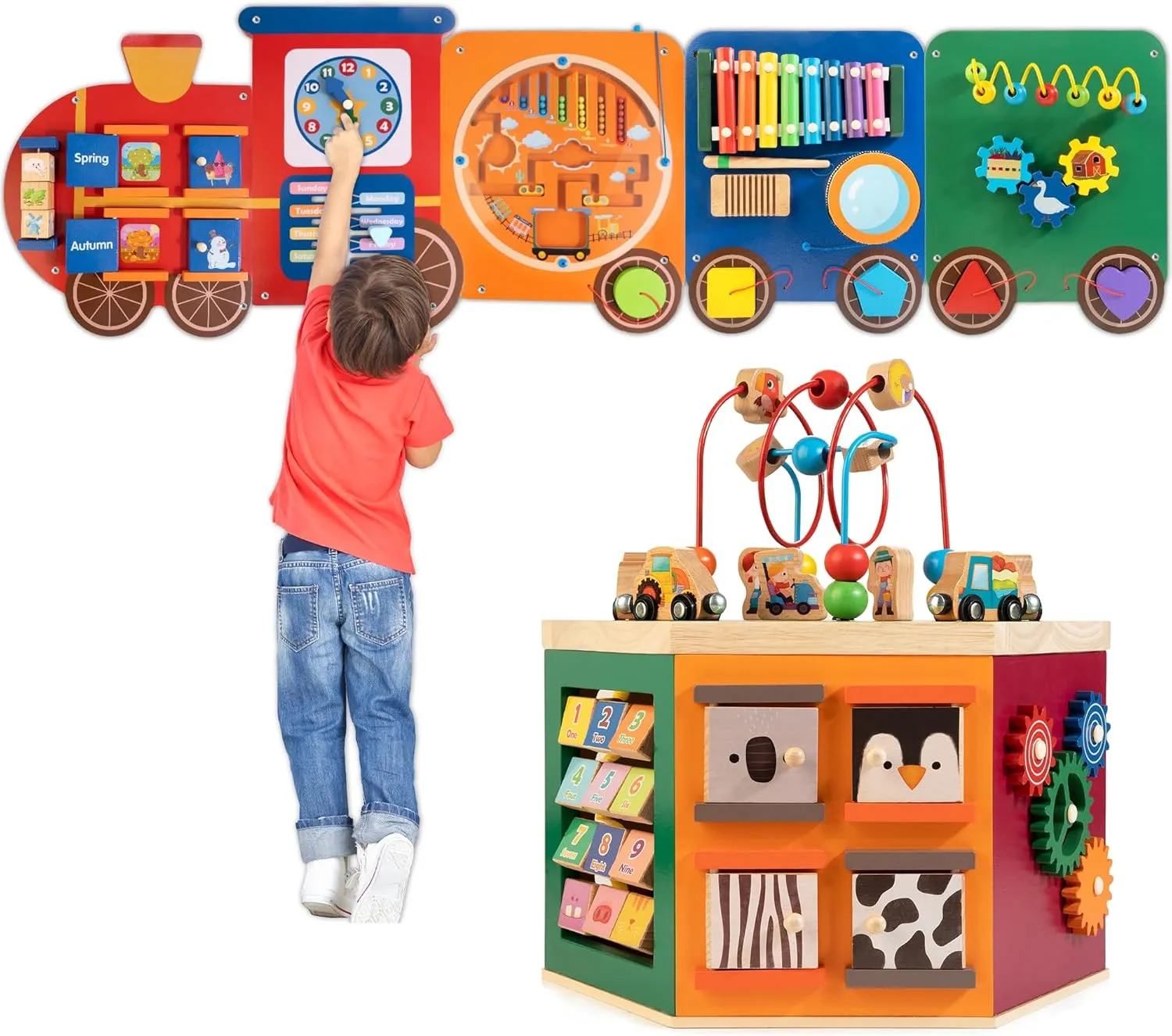 Wooden Activity Cube & Wall Panel Set, Montessori Toys for Toddlers Learning