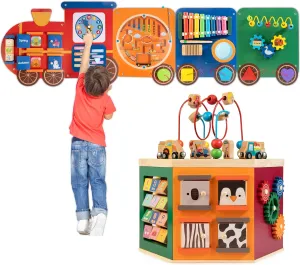 Wooden Activity Cube & Wall Panel Set, Montessori Toys for Toddlers Learning
