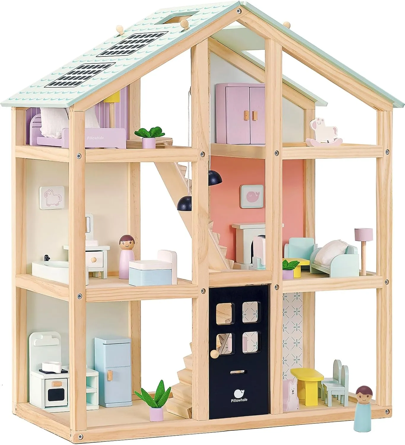 Wooden Dollhouse, Doll House with 38Pcs Furniture Accessories,3 Story Large Doll House, 6 Rooms Pretend Dollhouse, Gift for Girl Ages 3 