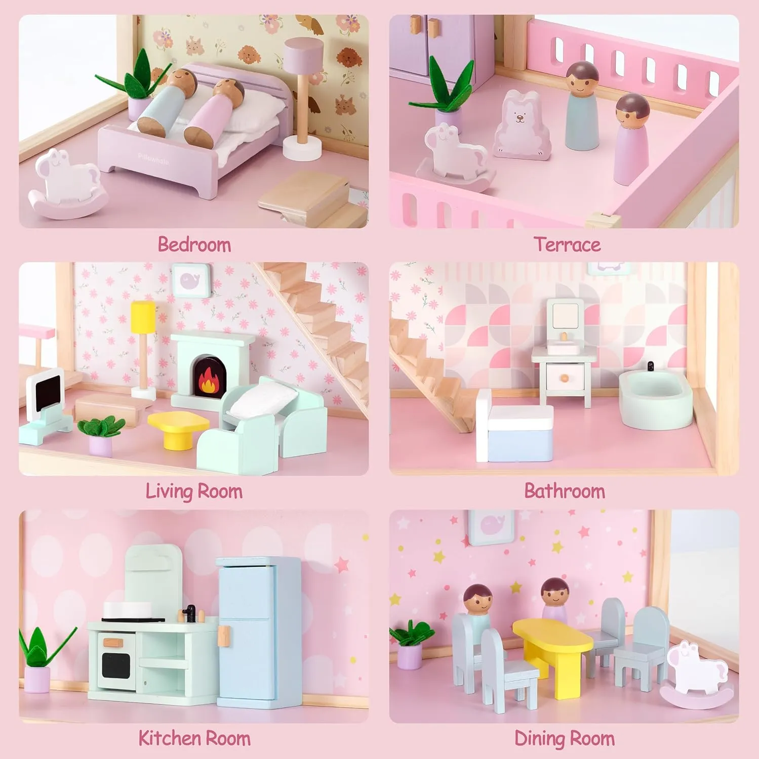 Wooden Dollhouse with 36Pcs Dollhouse Furniture Accessories, 7 Rooms Large Modern Doll House, Ideal Toy Gift for Girls Boys Toddlers Ages 3 