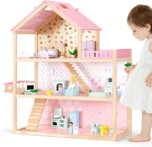 Wooden Dollhouse with 36Pcs Dollhouse Furniture Accessories, 7 Rooms Large Modern Doll House, Ideal Toy Gift for Girls Boys Toddlers Ages 3 