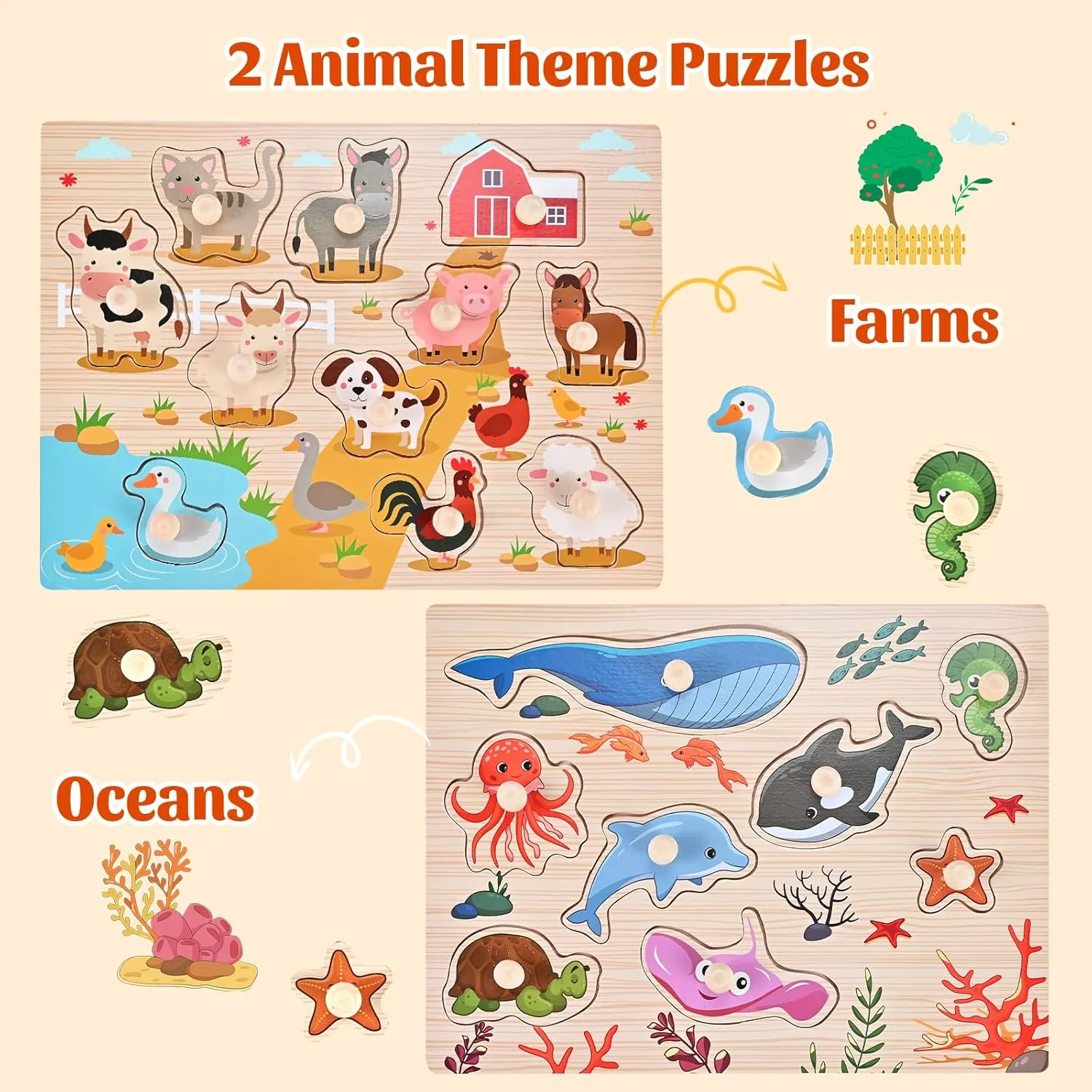 Wooden Peg Puzzles for Toddlers 1-3, 2 Pcs Montessori Educational Learning Puzzle Toy Sets - Animal & Sea Themes Puzzles, Great Preschool Gifts for Girls and Boys (8.86 * 11.61in)