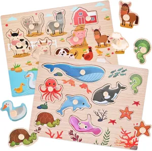 Wooden Peg Puzzles for Toddlers 1-3, 2 Pcs Montessori Educational Learning Puzzle Toy Sets - Animal & Sea Themes Puzzles, Great Preschool Gifts for Girls and Boys (8.86 * 11.61in)
