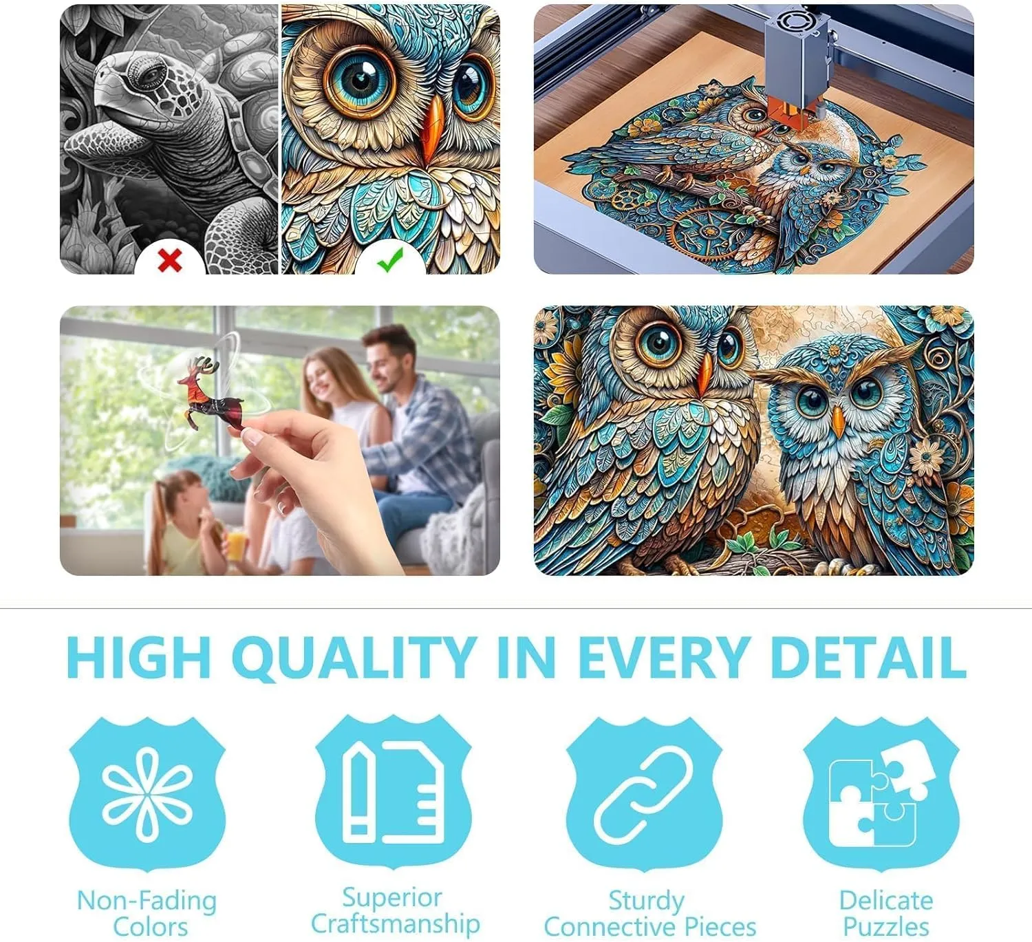 Wooden Puzzles for Adults - Embossed Owl Puzzle, Unique Shape Wooden Jigsaw Puzzle for Adults, Wood Puzzles Adult, Good Gift Idea for Family, Wall Art Home Decor (S-8.5 * 8in -100 Pieces)