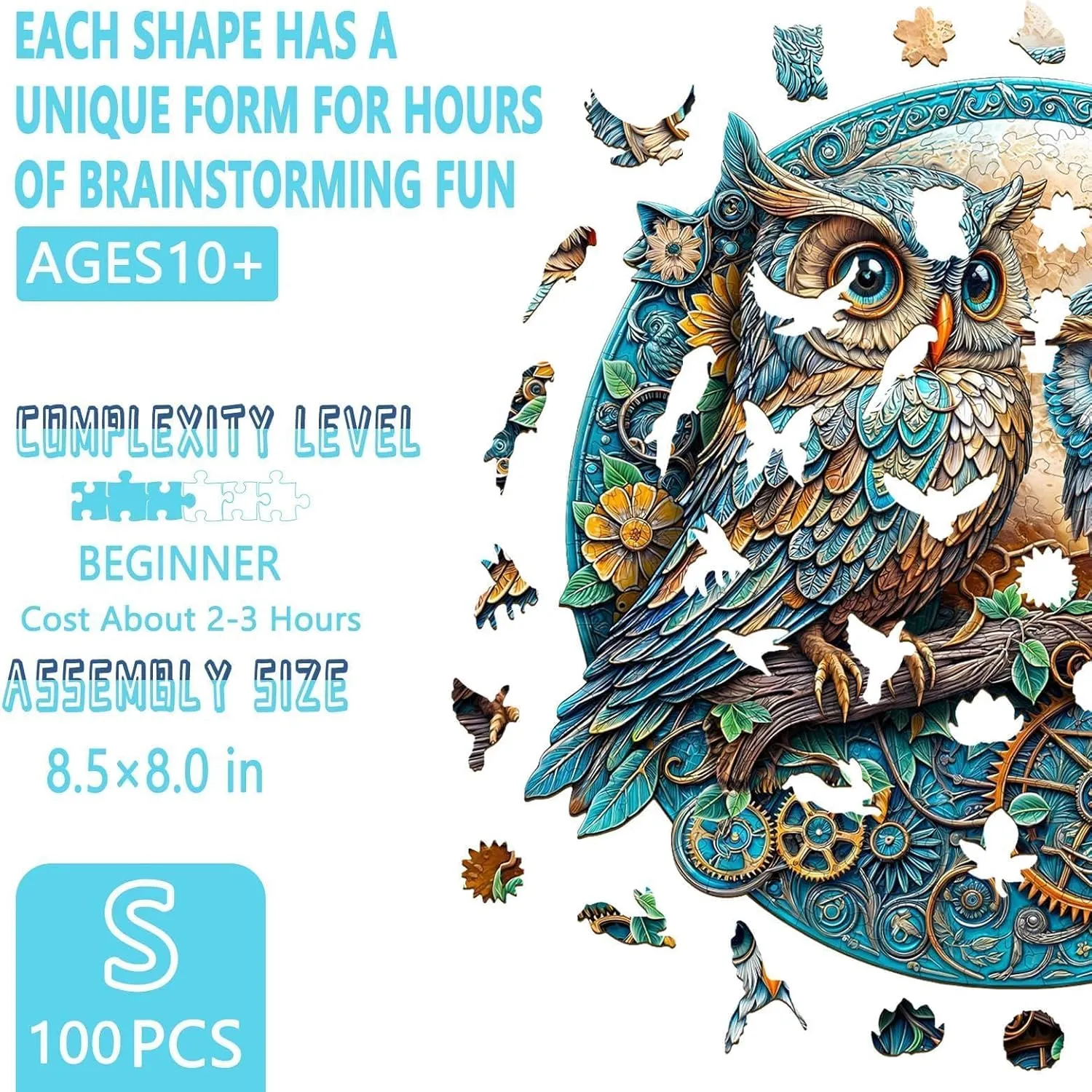 Wooden Puzzles for Adults - Embossed Owl Puzzle, Unique Shape Wooden Jigsaw Puzzle for Adults, Wood Puzzles Adult, Good Gift Idea for Family, Wall Art Home Decor (S-8.5 * 8in -100 Pieces)