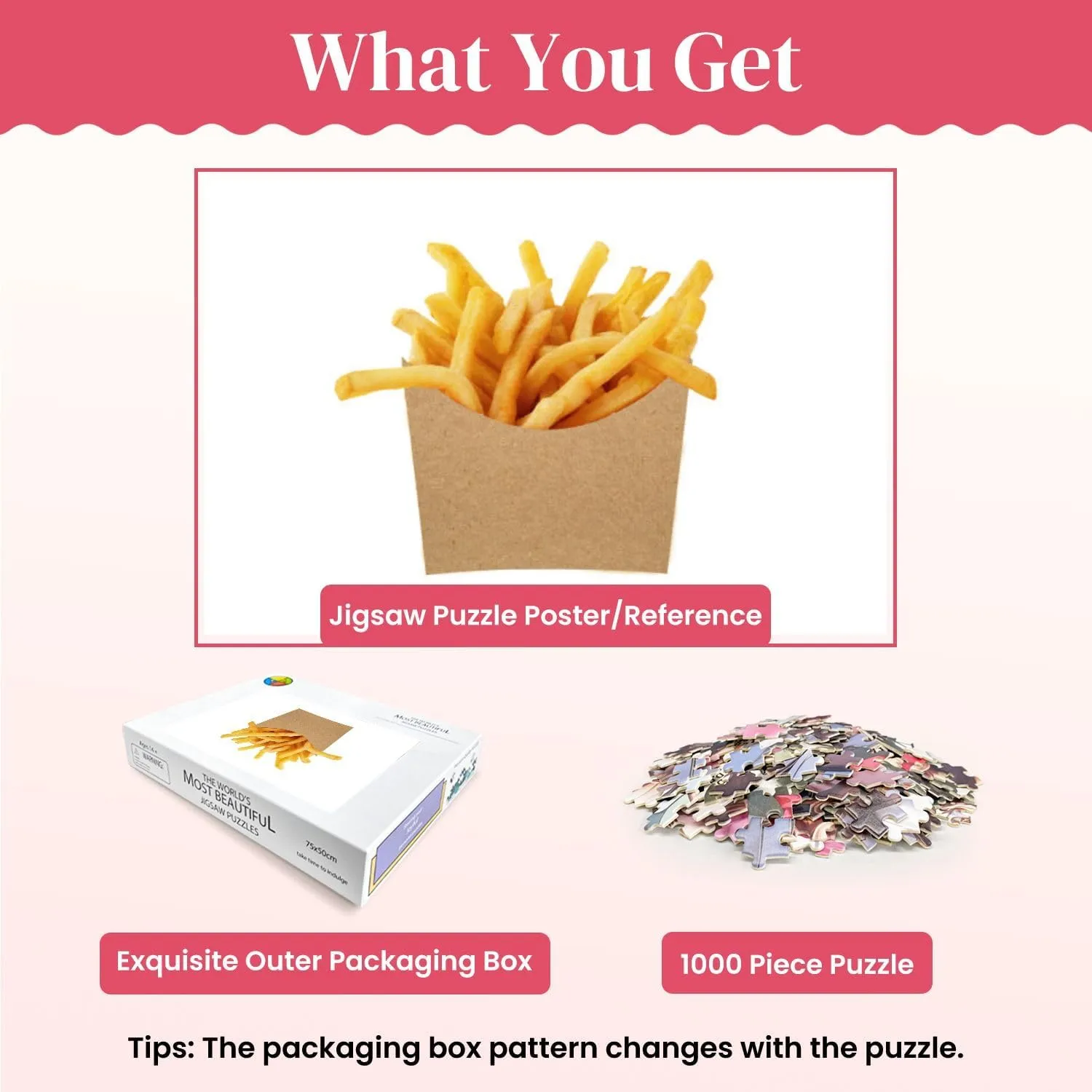 Wooden Puzzles French Fries Brown Kraft Paper Bag White Jigsaw Puzzles for Adults 1000 Pieces Impossible Puzzle Challenging Puzzle Educational Toys Decompression Game