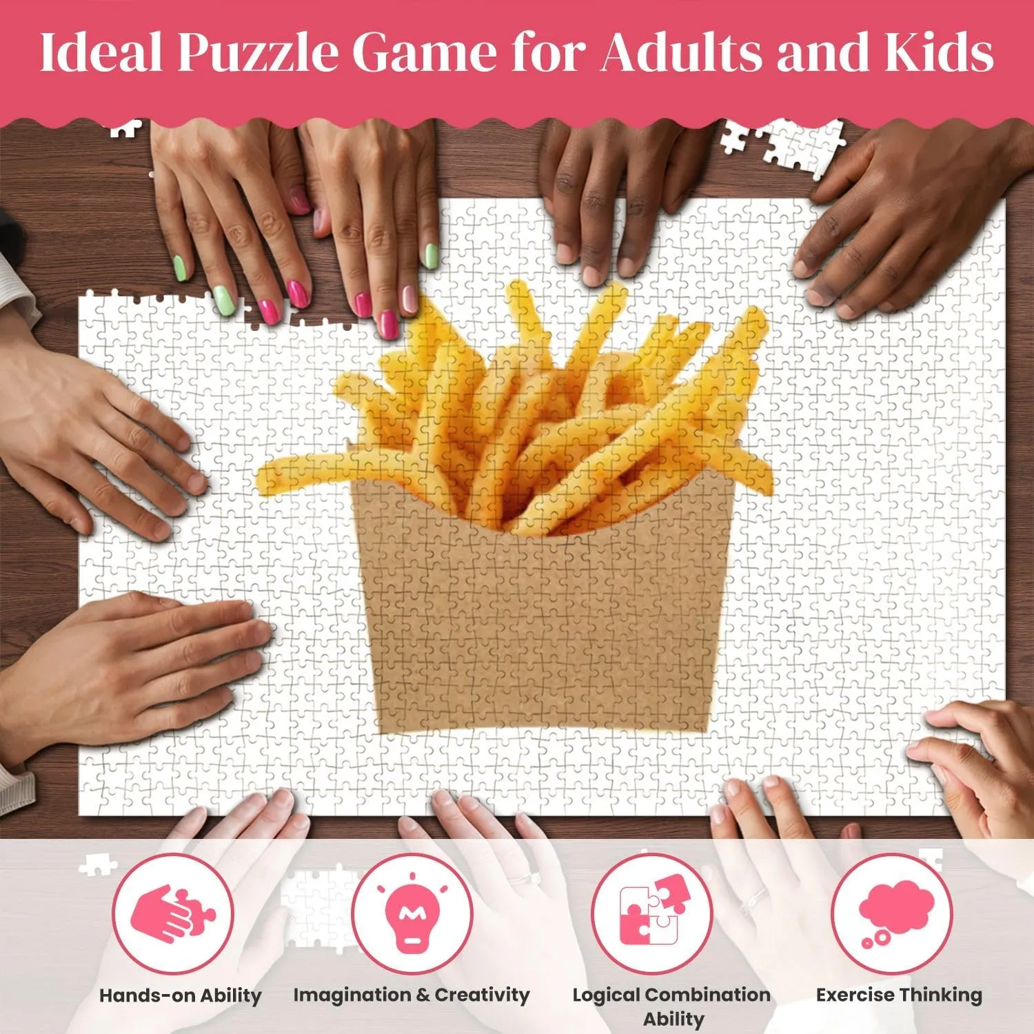 Wooden Puzzles French Fries Brown Kraft Paper Bag White Jigsaw Puzzles for Adults 1000 Pieces Impossible Puzzle Challenging Puzzle Educational Toys Decompression Game
