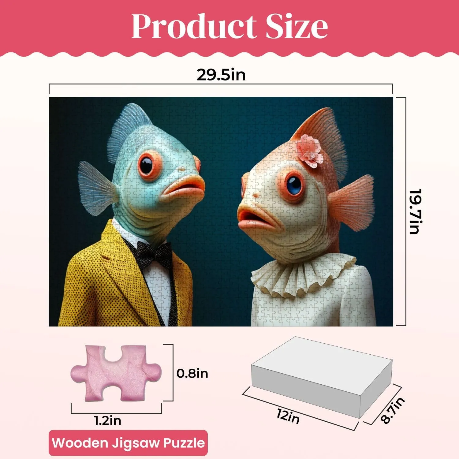 Wooden Puzzles Unique Couple Humanoid Fish Figure Formal Attire Whimsical Design Jigsaw Puzzles for Adults 1000 Pieces Impossible Puzzle Challenging Puzzle Educational Toys Decompression Game