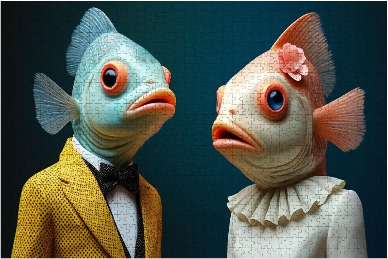 Wooden Puzzles Unique Couple Humanoid Fish Figure Formal Attire Whimsical Design Jigsaw Puzzles for Adults 1000 Pieces Impossible Puzzle Challenging Puzzle Educational Toys Decompression Game