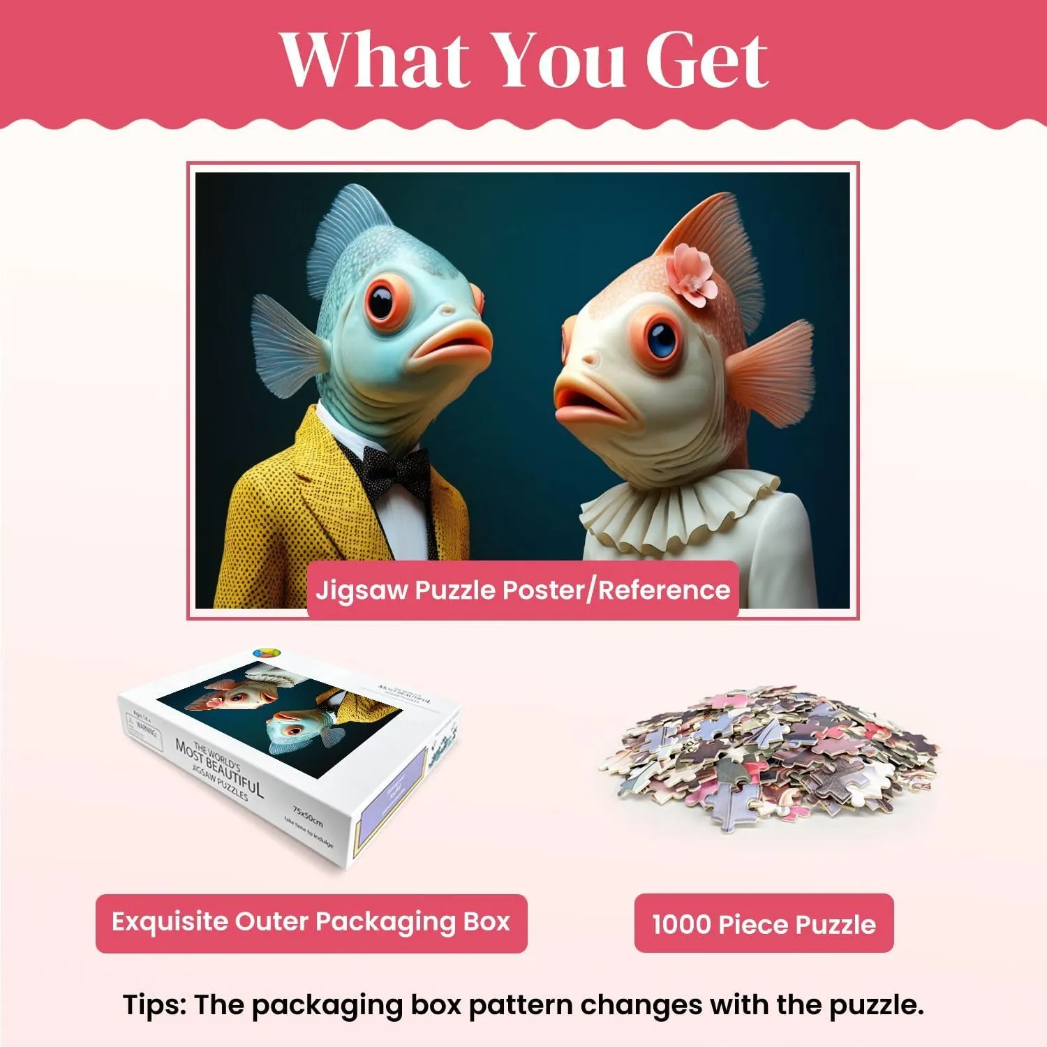 Wooden Puzzles Unique Couple Humanoid Fish Figure Formal Attire Whimsical Design Jigsaw Puzzles for Adults 1000 Pieces Impossible Puzzle Challenging Puzzle Educational Toys Decompression Game