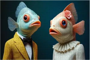Wooden Puzzles Unique Couple Humanoid Fish Figure Formal Attire Whimsical Design Jigsaw Puzzles for Adults 1000 Pieces Impossible Puzzle Challenging Puzzle Educational Toys Decompression Game