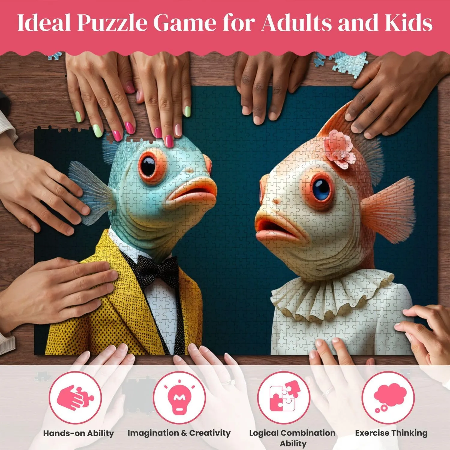 Wooden Puzzles Unique Couple Humanoid Fish Figure Formal Attire Whimsical Design Jigsaw Puzzles for Adults 1000 Pieces Impossible Puzzle Challenging Puzzle Educational Toys Decompression Game
