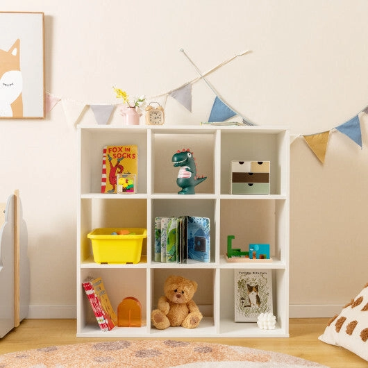 Wooden Kids Bookcase with Storage Cubbies and Anti-toppling Devices-White - Color: White