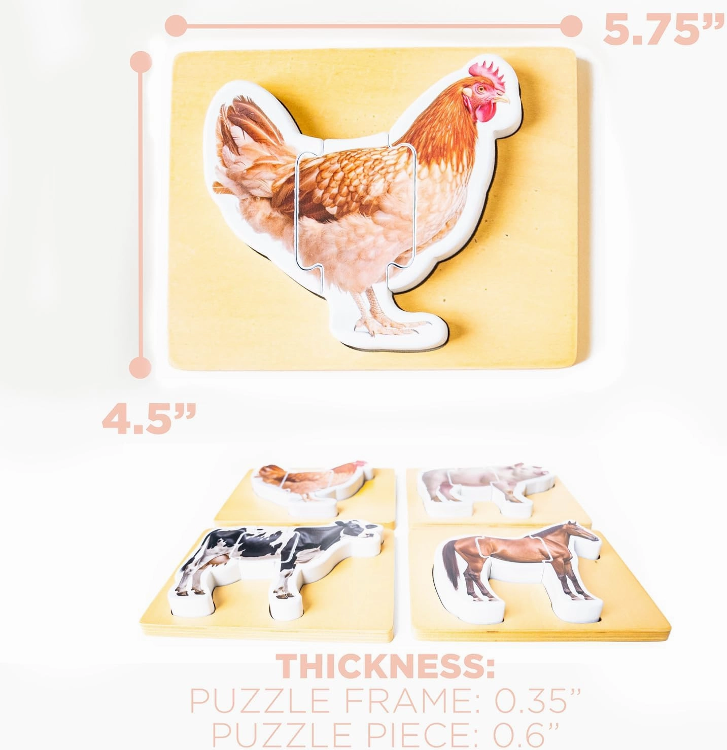 Wooden Montessori Animal Puzzles for Toddlers 2  Years | Realistic Chunky Farm Animal Shape Puzzle | Educational Learning Toy - Three-Piece Farm Animal Puzzles