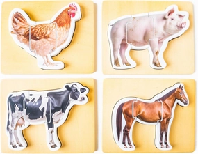 Wooden Montessori Animal Puzzles for Toddlers 2  Years | Realistic Chunky Farm Animal Shape Puzzle | Educational Learning Toy - Three-Piece Farm Animal Puzzles