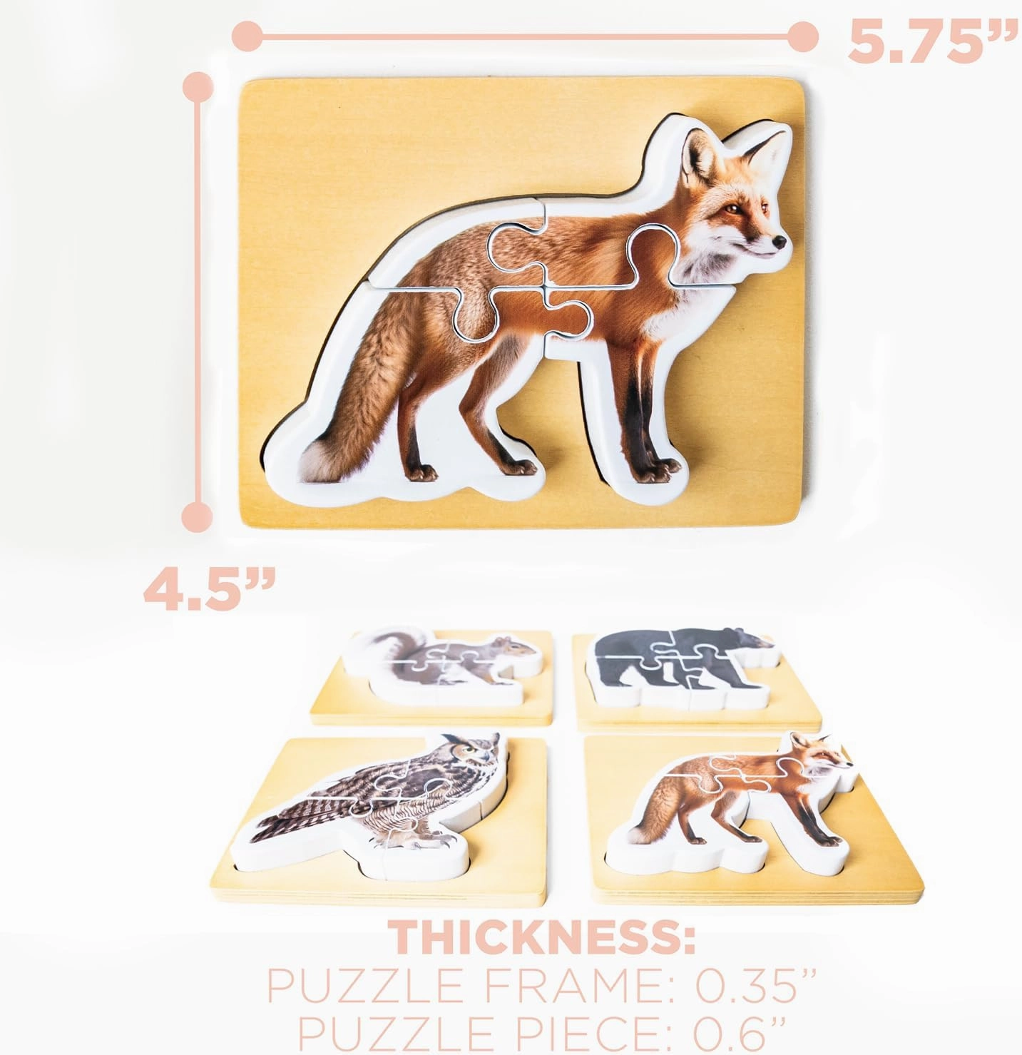 Wooden Montessori Animal Puzzles for Toddlers 2  Years | Realistic Chunky Woodland Animal Shape Puzzle | Educational Learning Toy - Four-Piece Woodland Creature Puzzles