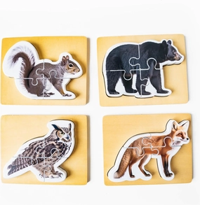 Wooden Montessori Animal Puzzles for Toddlers 2  Years | Realistic Chunky Woodland Animal Shape Puzzle | Educational Learning Toy - Four-Piece Woodland Creature Puzzles