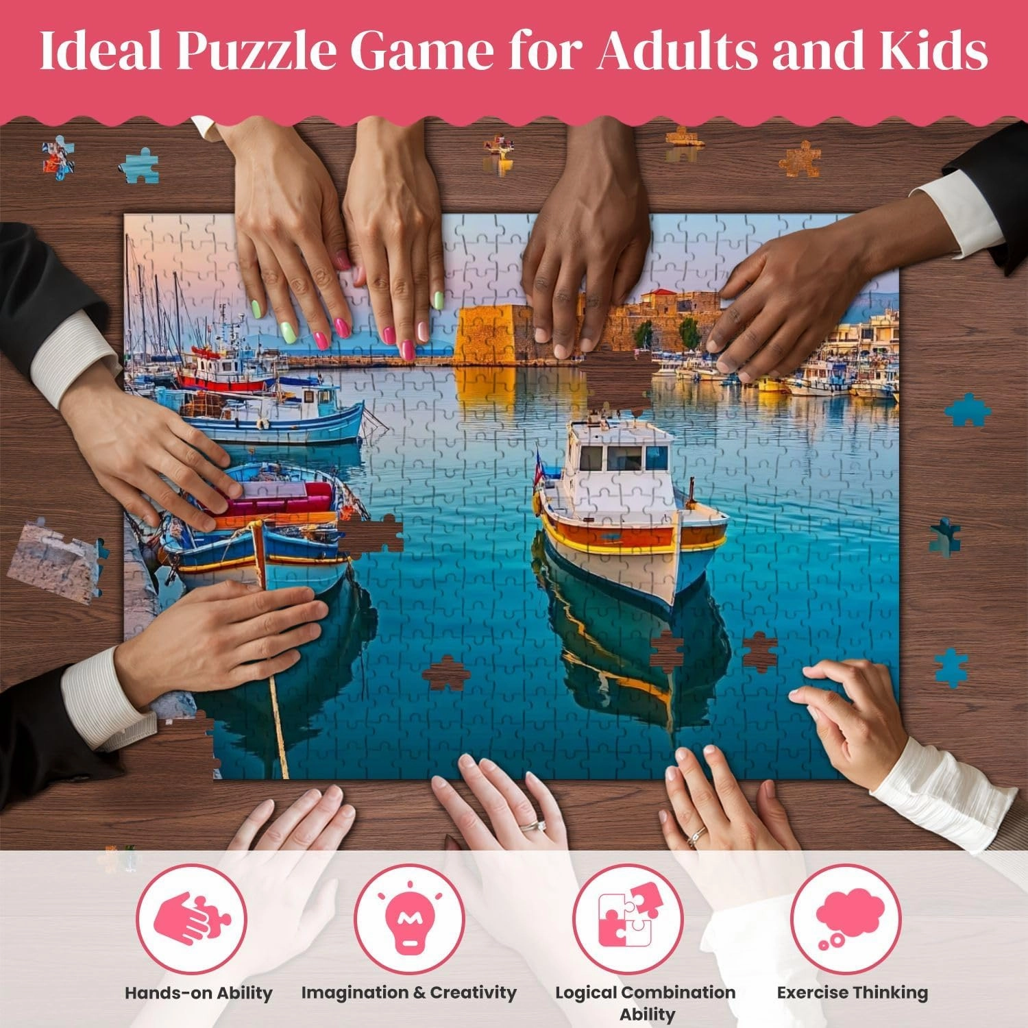 Wooden Puzzles Fishing Boats Harbour Heraklion Jigsaw Puzzles for Adults 500 Pieces Impossible Puzzle Challenging Puzzle Educational Toys Decompression Game