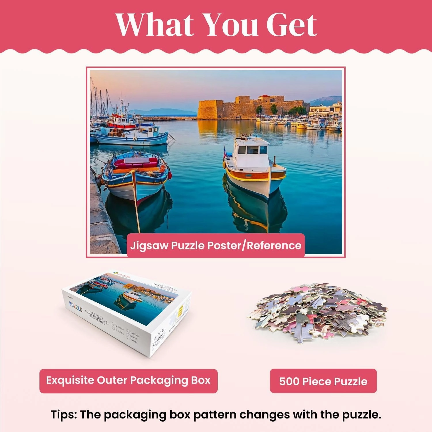 Wooden Puzzles Fishing Boats Harbour Heraklion Jigsaw Puzzles for Adults 500 Pieces Impossible Puzzle Challenging Puzzle Educational Toys Decompression Game