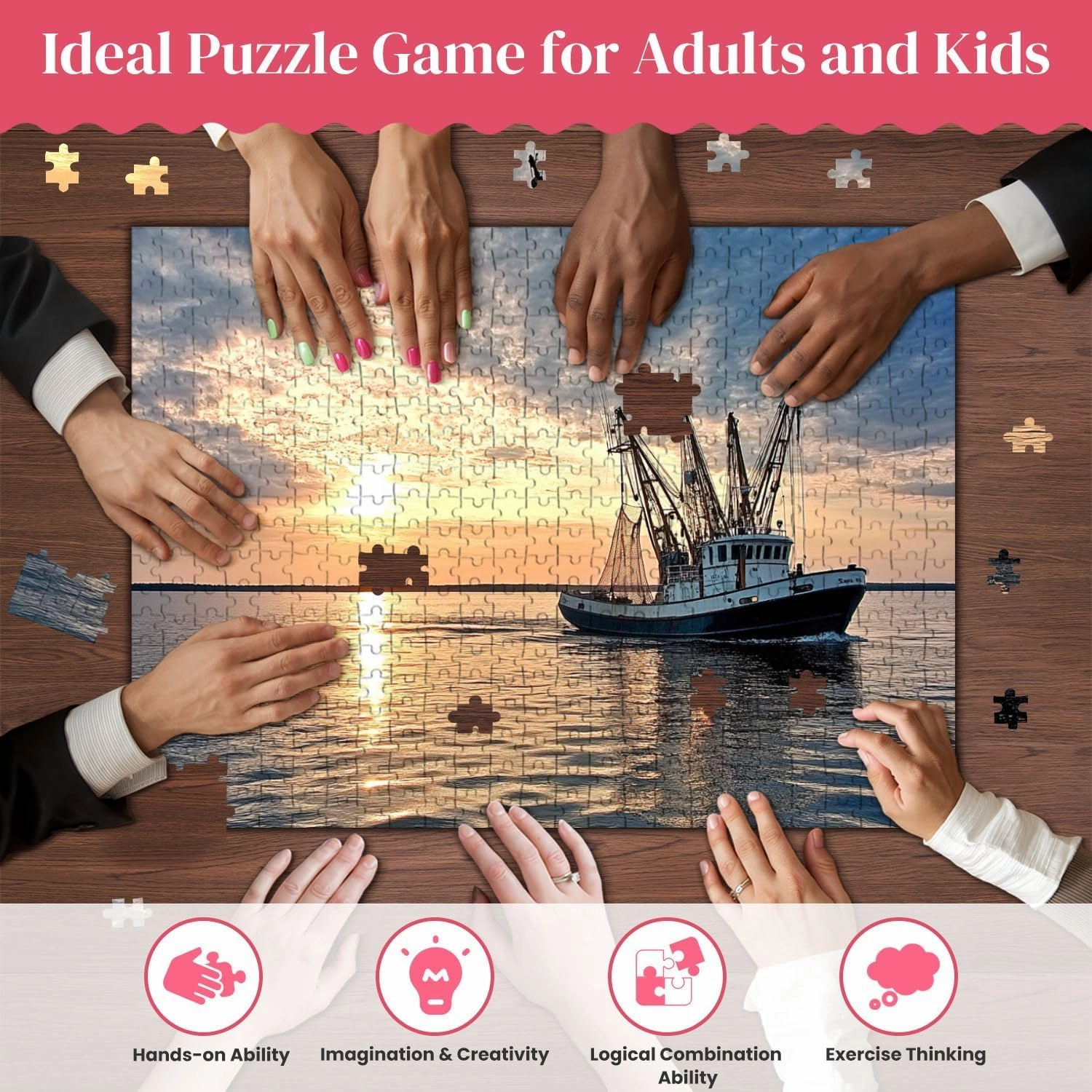 Wooden Puzzles Fishing Trawler Water Sunrise Jigsaw Puzzles for Adults 500 Pieces Impossible Puzzle Challenging Puzzle Educational Toys Decompression Game
