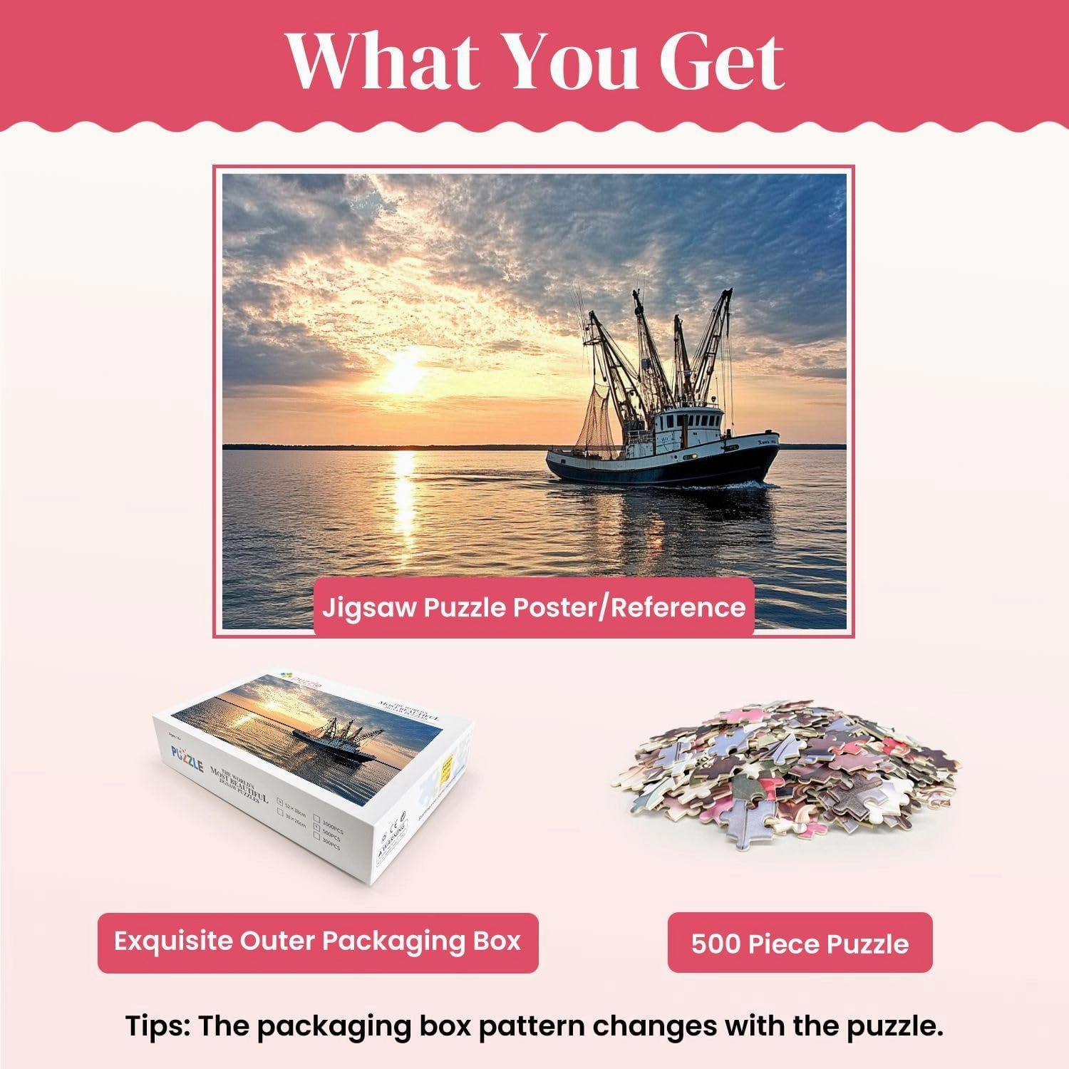 Wooden Puzzles Fishing Trawler Water Sunrise Jigsaw Puzzles for Adults 500 Pieces Impossible Puzzle Challenging Puzzle Educational Toys Decompression Game