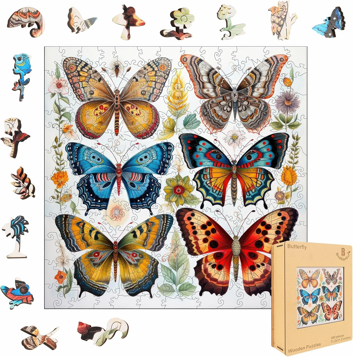 Wooden Puzzles for Adults, 200 Pieces Colorful Butterfly Unique Shaped Puzzles,Jigsaw Puzzles for Adults Toys Gift for Kids Family Games