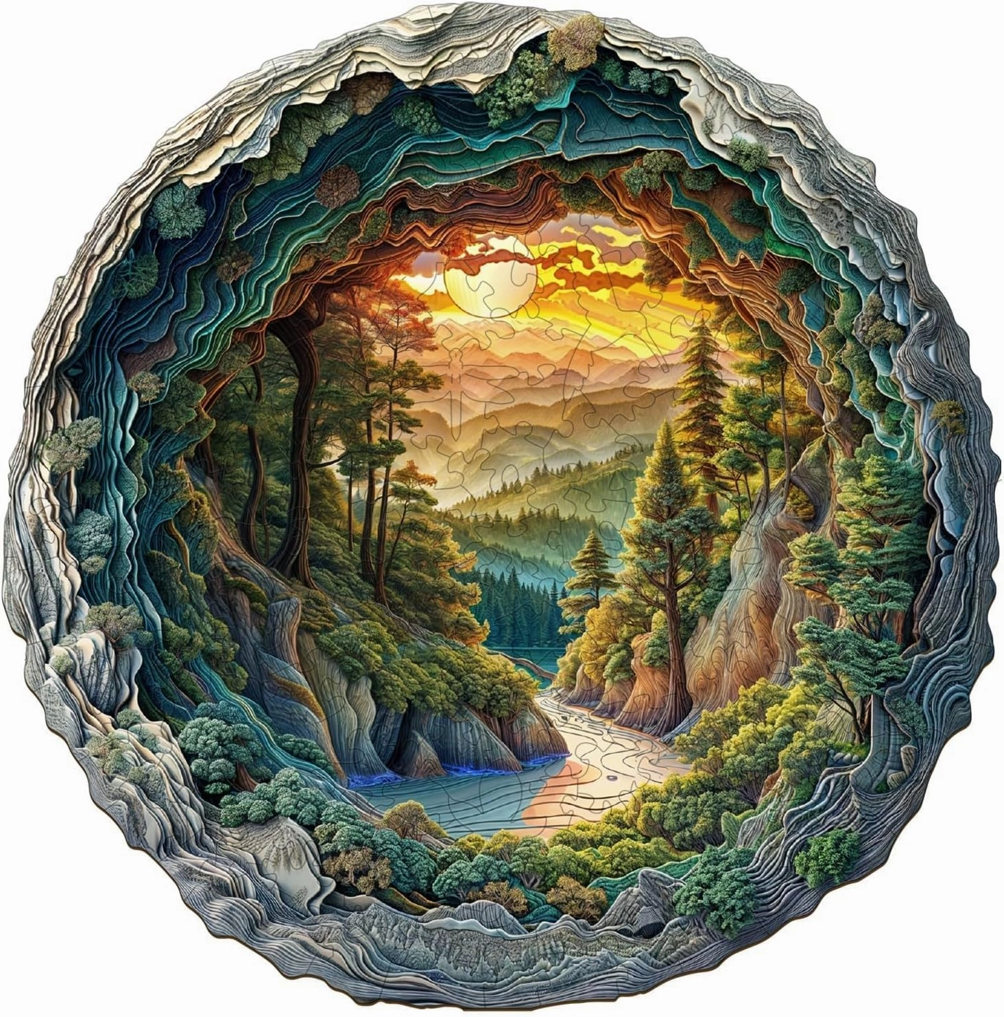 Wooden Puzzles for Adults, 3D Vision Effects Cave Forest Wooden Jigsaw Puzzle, Unique Shaped Wood Puzzles Adult, Hill Sunset Forest Trail Landscape Puzzle, Home Decor (XL-17.3 * 17.2in 505 Pcs)
