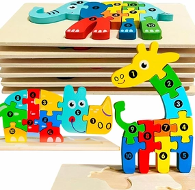 Wooden Puzzles for Toddlers 1-3, Montessori Toys for Ages 2-4, Animal Educational Toys for 2 Year Old, Number Toddler Puzzles Birthday Gifts for 1 2 3 Year Old Boys Kids Girls (8 PCS)
