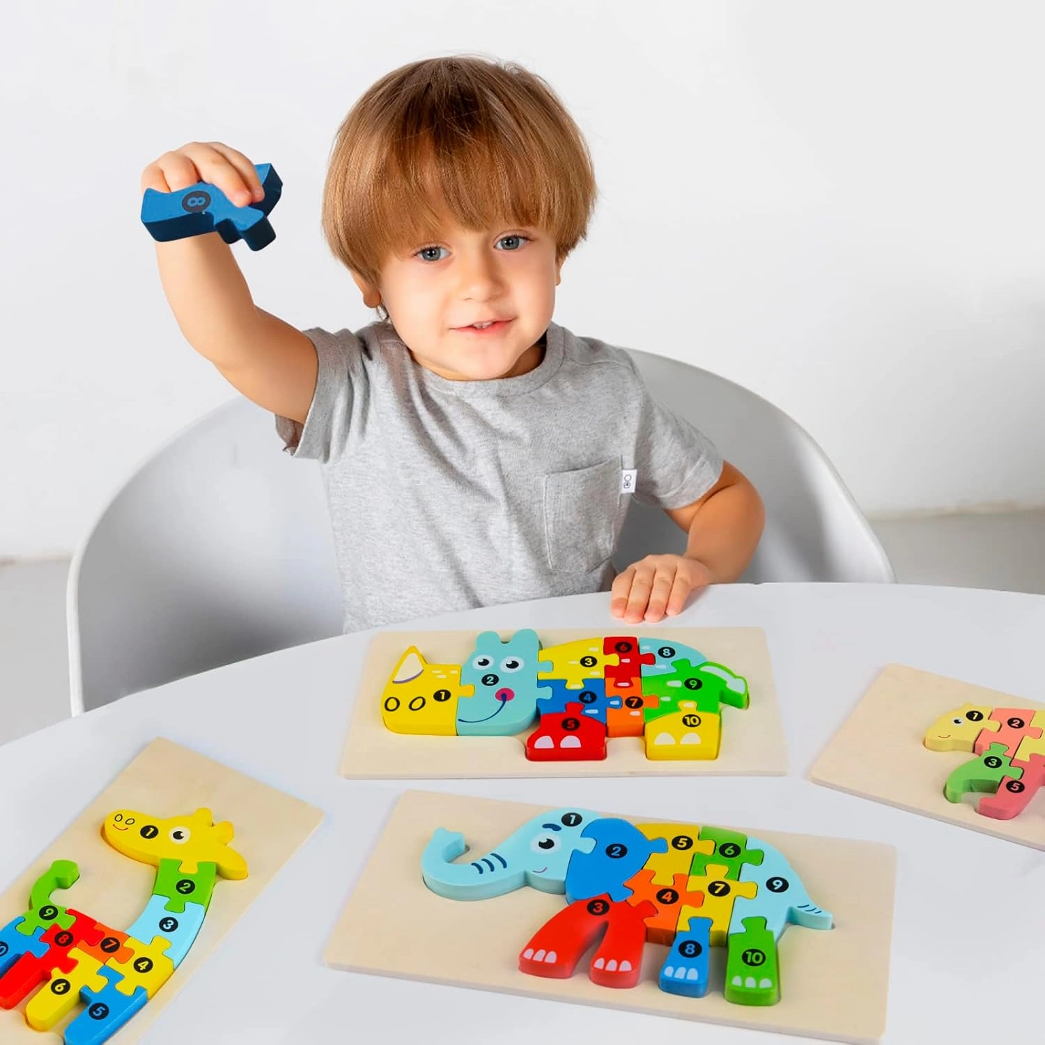 Wooden Puzzles for Toddlers 1-3, Montessori Toys for Ages 2-4, Animal Educational Toys for 2 Year Old, Number Toddler Puzzles Birthday Gifts for 1 2 3 Year Old Boys Kids Girls (8 PCS)