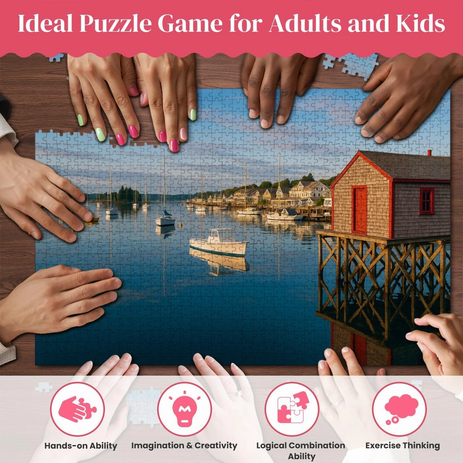 Wooden Puzzles Harbor Rustic Fishing pier Maine Fishing Village Jigsaw Puzzles for Adults 1000 Pieces Impossible Puzzle Challenging Puzzle Educational Toys Decompression Game